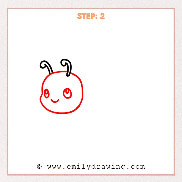 how to draw a cartoon caterpillar - A cartoon caterpillar now has a large rounded head under the antennae, plus two cute eyes with highlights and a small smiling mouth.